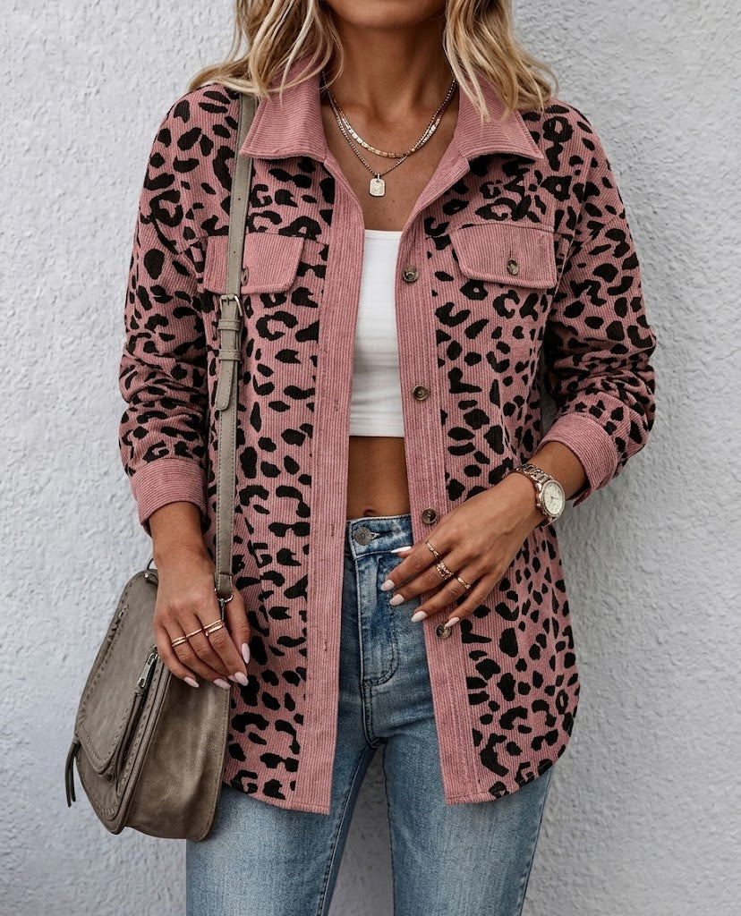 Contrast Rib Collar Leopard Print Corduroy Long Sleeve Shirt Jacket