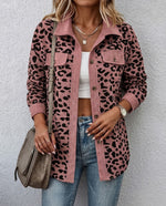 Contrast Rib Collar Leopard Print Corduroy Long Sleeve Shirt Jacket