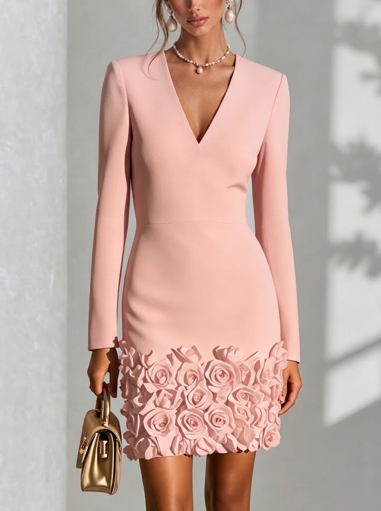 V-neck Long Sleeve 3d Rose Floral Bodycon Mini Dress