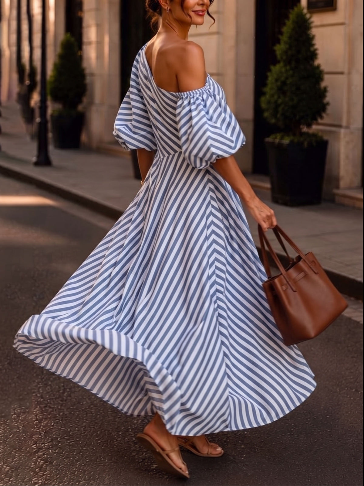 Elegant Chic One-shoulder Striped Maxi Dress