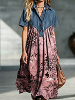 Loose, Mid-length Dress With A Denim Collar And Retro Animal Print Paneling