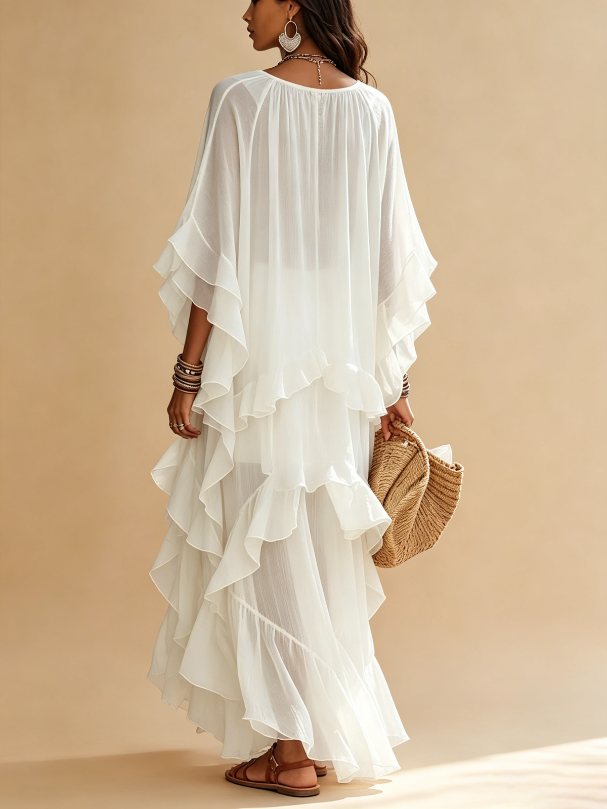 Round-neck, Batwing-sleeve, Tiered-ruffle, Sheer-textured Maxi Dress For Vacation