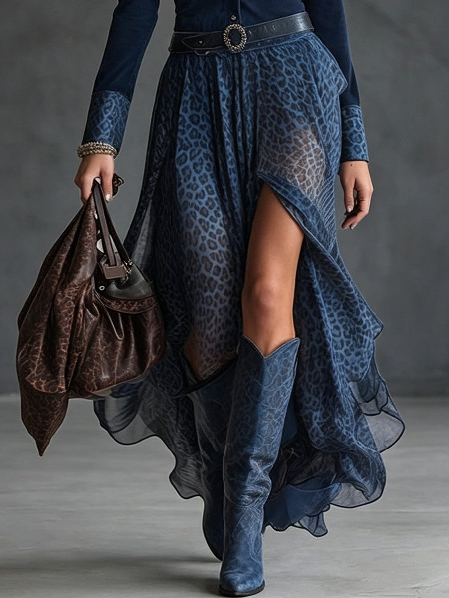 Leopard-print Chiffon Patchwork Dress With An Asymmetrical Hem And Slit