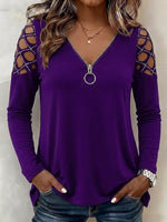 O-ring Zip V-neck Rhinestone Cutout Cold Shoulder Long Sleeve Top