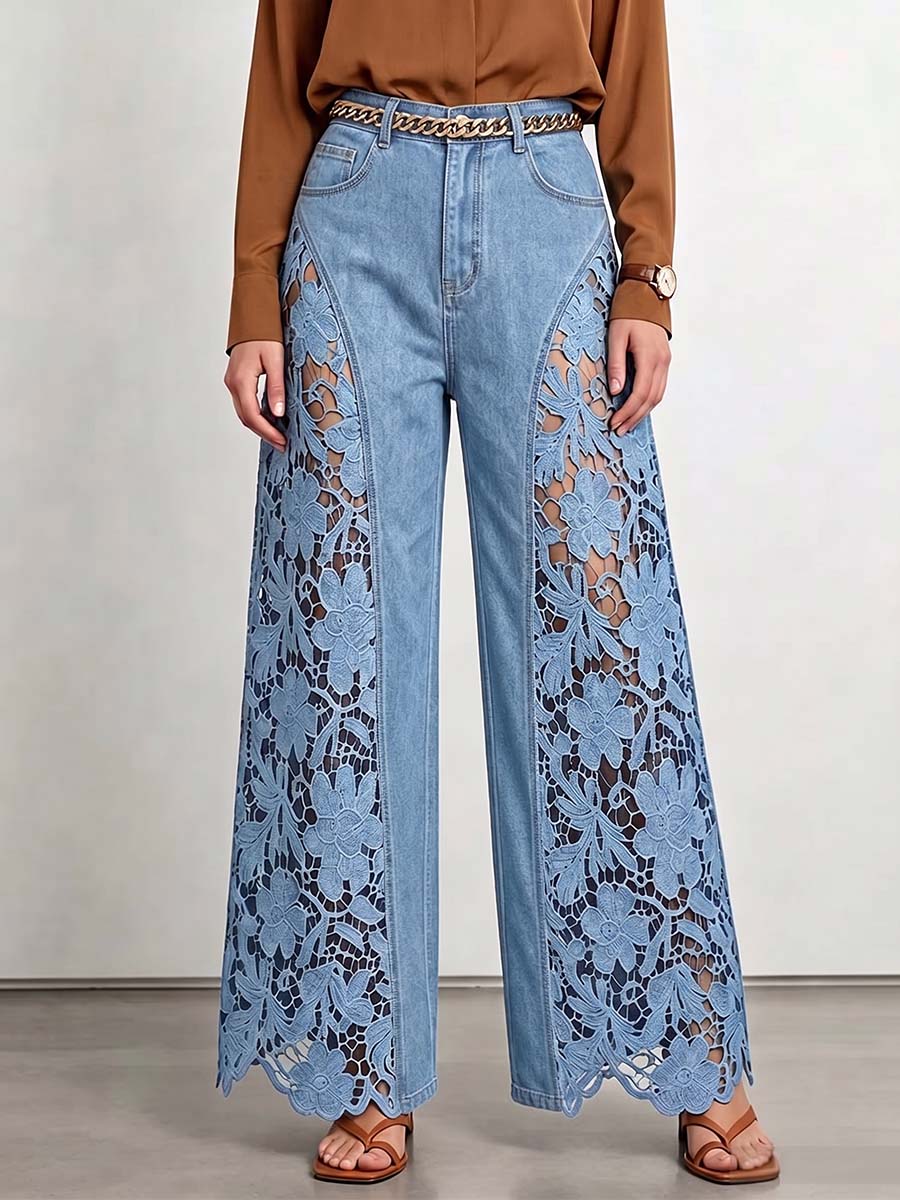Women's High-waisted Loose-fit Embroidered & Paneled Wide-leg Jeans