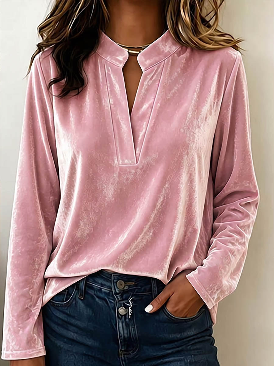 Women's Solid Color V-neck Long Sleeve Casual Loose Velvet Top