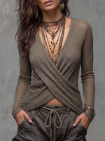 Earthy Boho-Chic Crossover Knit Top