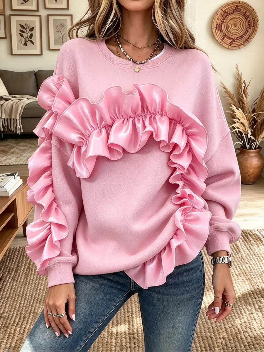 Women's Ruffled Stitching Crewneck Sweatshirt