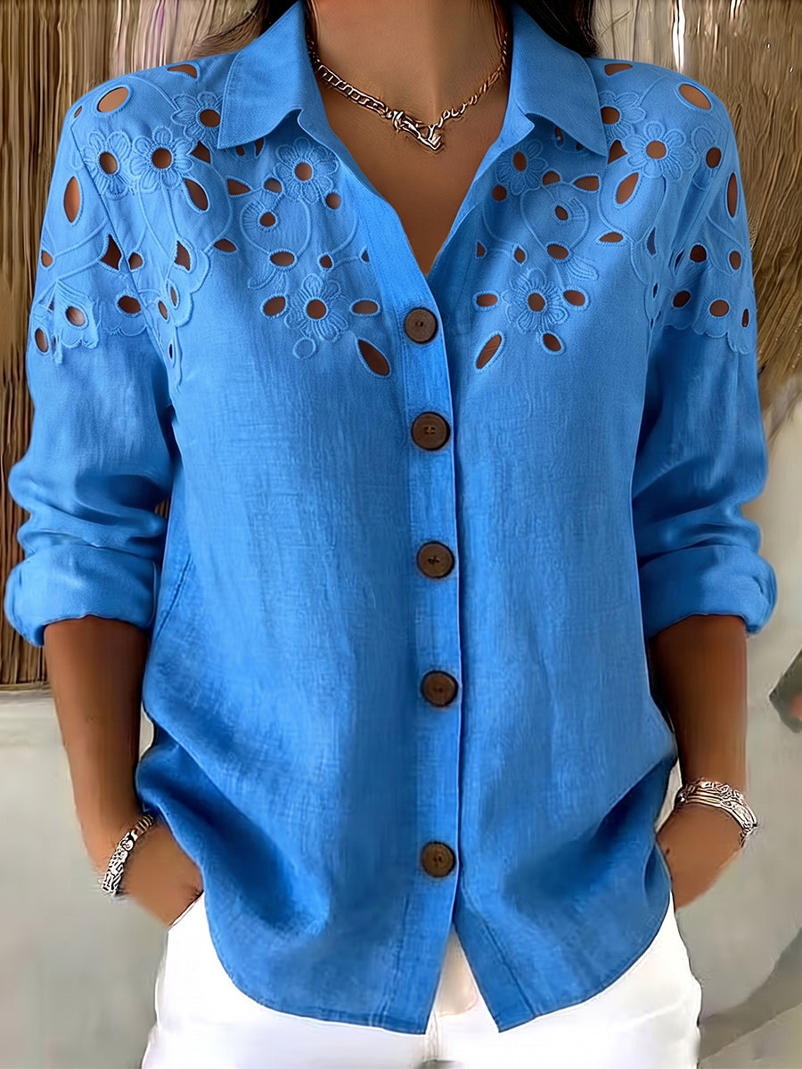 Blue Cut-out Lace Cotton-linen Shirt