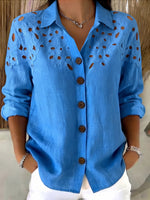 Blue Cut-out Lace Cotton-linen Shirt