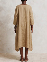 Casual V-neck Cotton-linen Dress With 3/4 Sleeves And An Asymmetrical Hem
