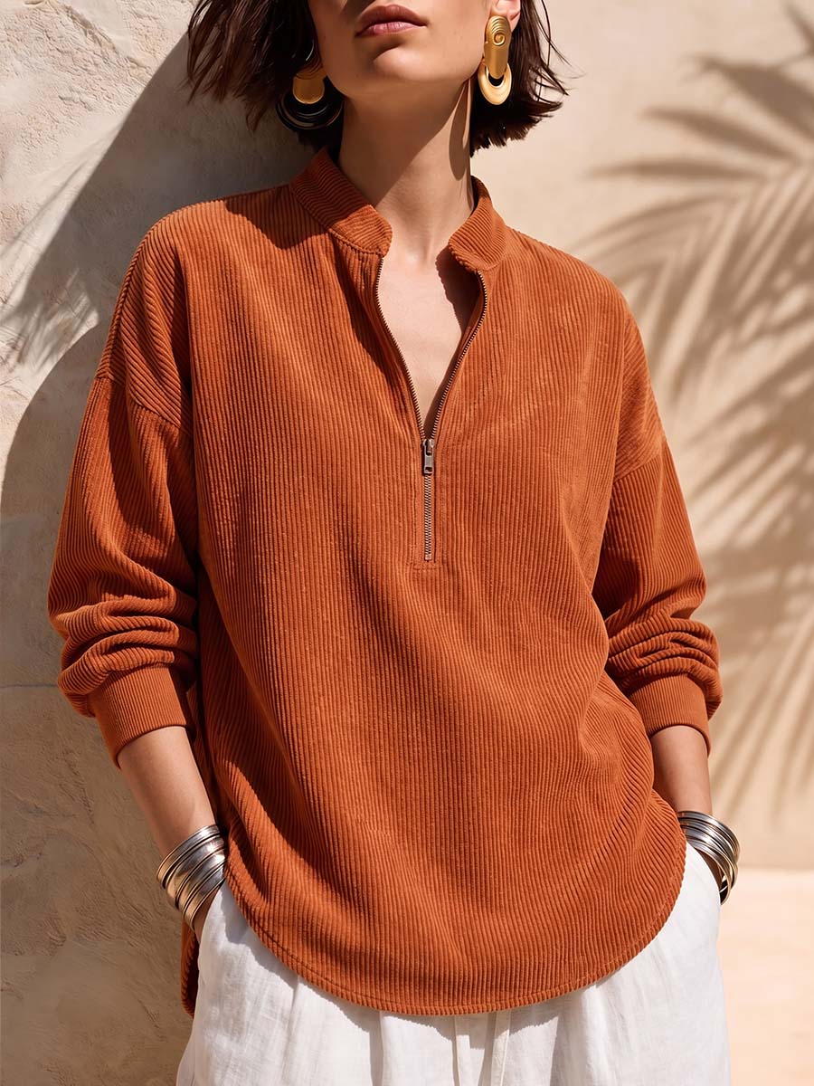 Women's Solid Color Stand Collar Long-sleeved Casual Loose Corduroy Top