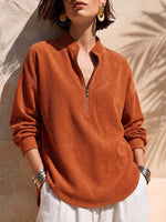 Women's Solid Color Stand Collar Long-sleeved Casual Loose Corduroy Top