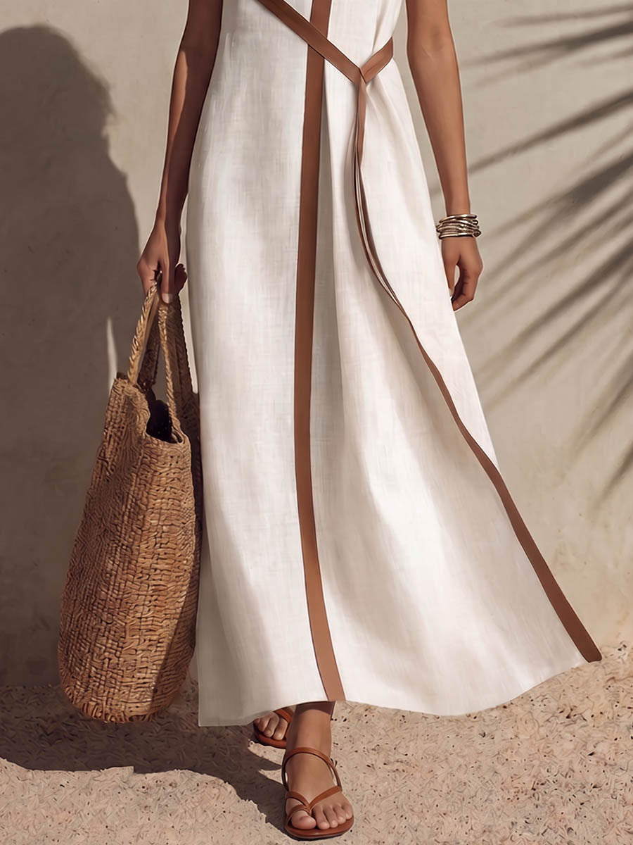 Women's Stand-up Collar Sleeveless Casual Loose Cotton And Linen Dress