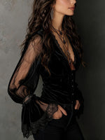 Stylish And Sexy Slim-fit Stretch Velvet Top With Lace Paneling