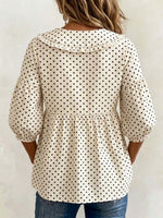 Women's Polka Dot Print Peter Pan Collar 3/4 Sleeve Casual Loose Cotton Linen Top