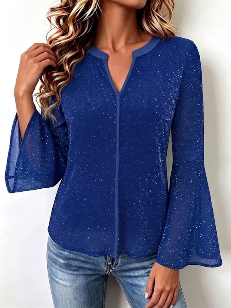 Small V-neck Sequin Pullover Shirt With Flared Sleeves