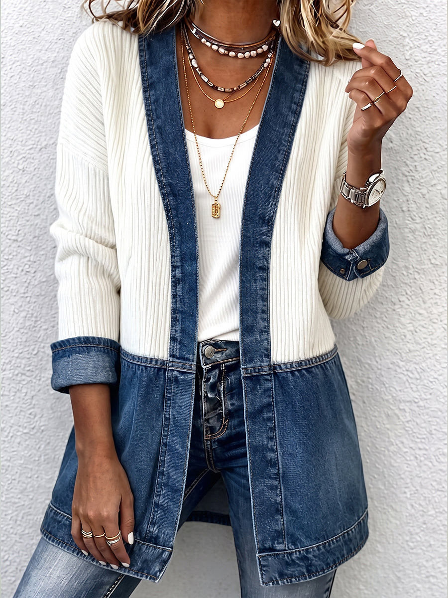 Casual Denim Panel Ribbed Knit Hooded Cardigan