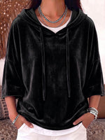 Women's Solid Color 3/4 Sleeve Casual Loose Velvet Hooded Top