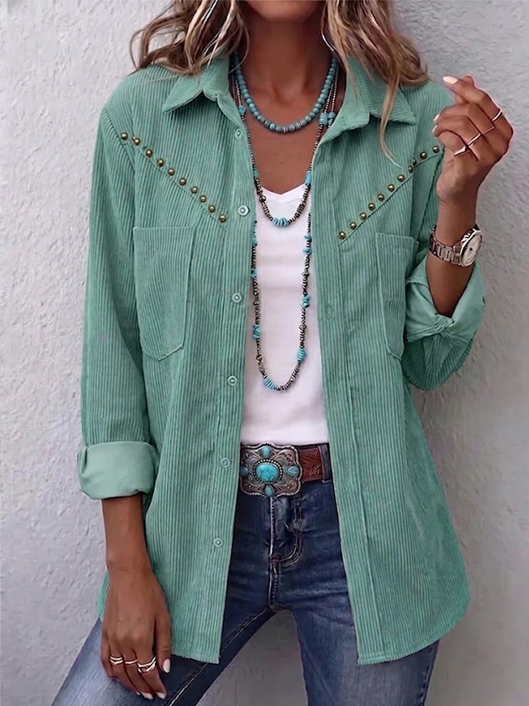 Casual Vintage-style Shirt Jacket With Rivet-detailed Pockets