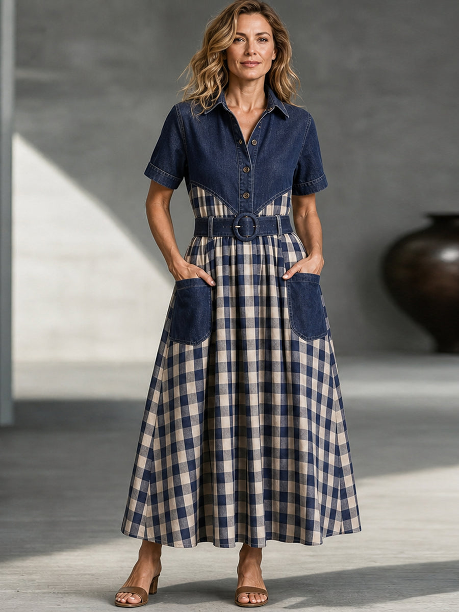 Vintage Denim Yoke & Plaid Patchwork Shirt Dress With Belt