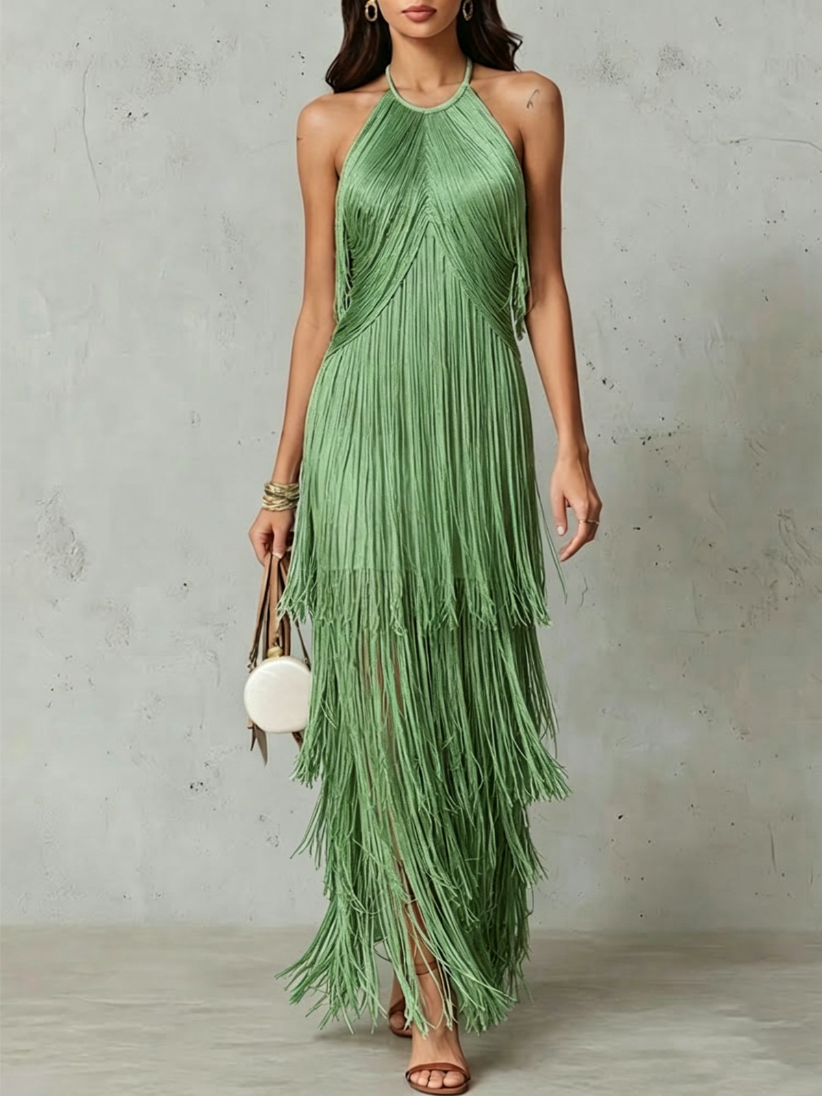 Halter Multi-layer Fringe Fitted Sleeveless Maxi Evening Dress