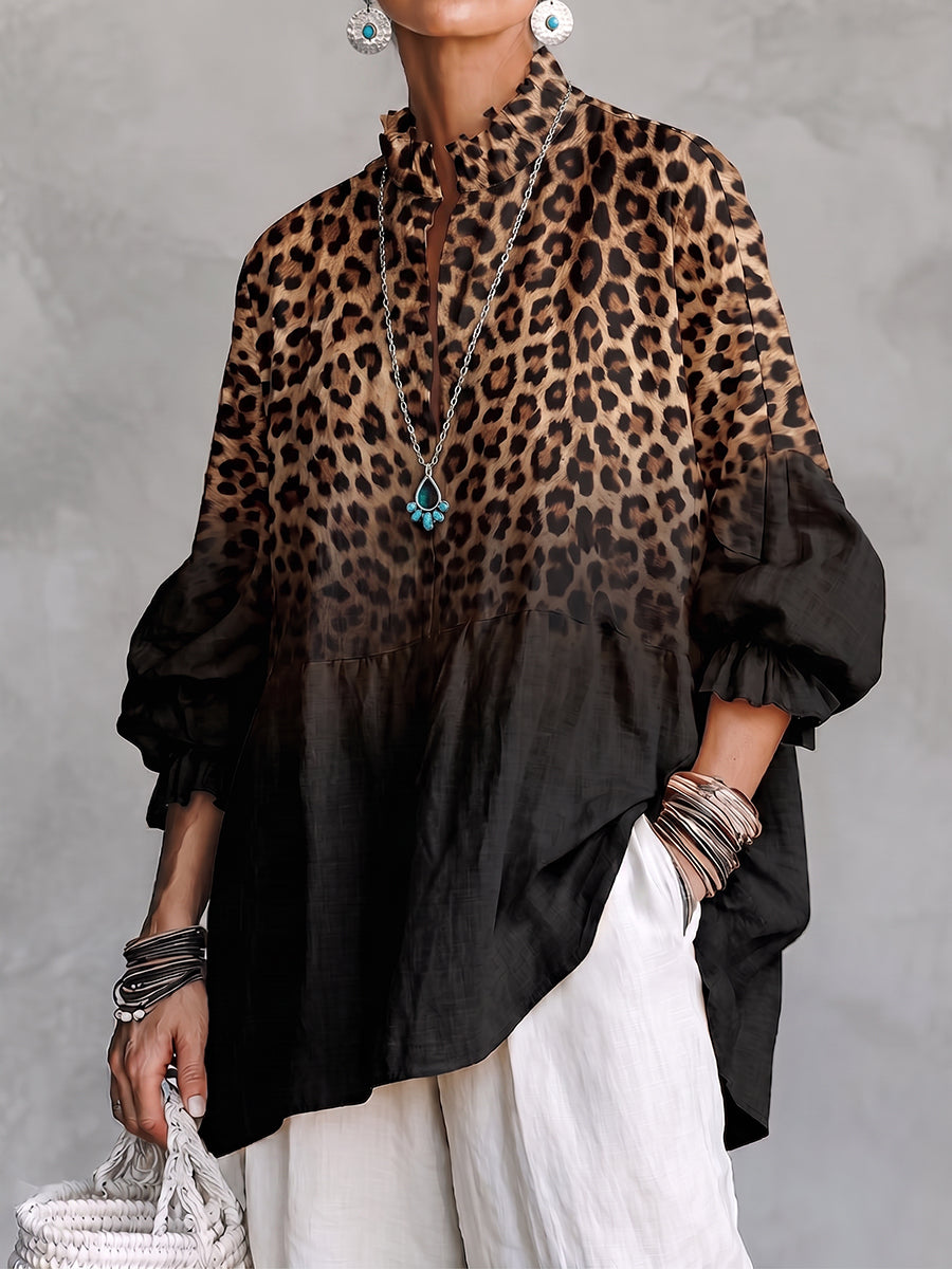 Chic Leopard Ombre Ruffle Neck Linen Tunic Top