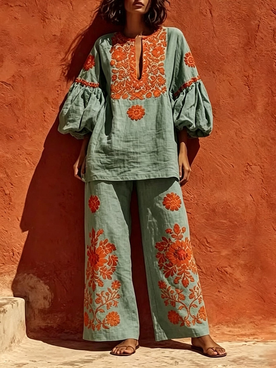 Loose And Cozy Linen-cotton Tunic And Trousers Two-piece Set