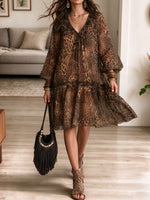 Women's Leopard Print Long Sleeve V-Neck Ruffle Boho Casual Shift Mini Dress