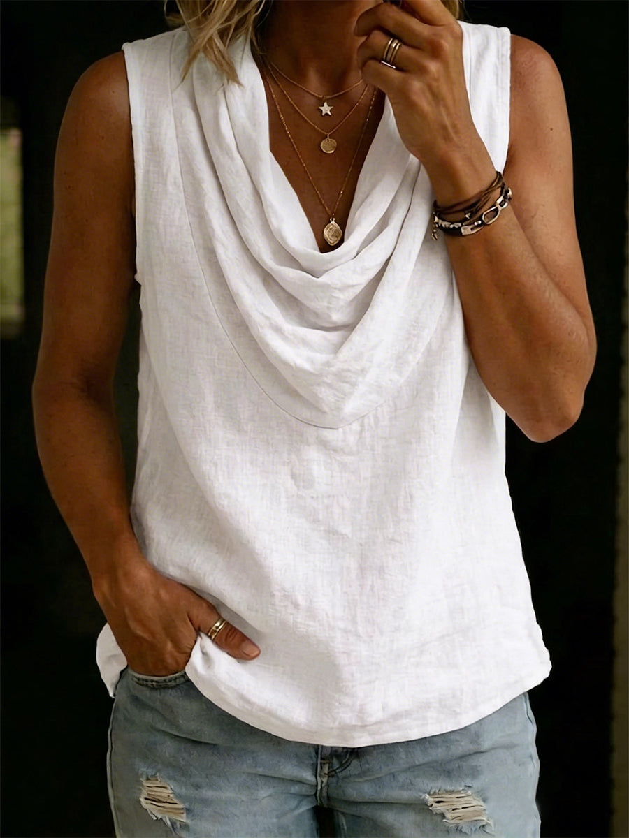 Women's Solid-color Sleeveless Cotton-linen Top With Swing Neckline