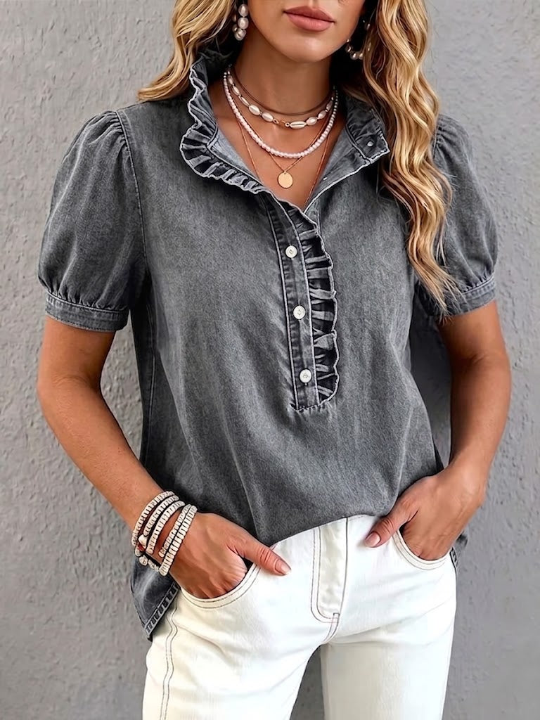 Casual Ruffled Denim Shirt