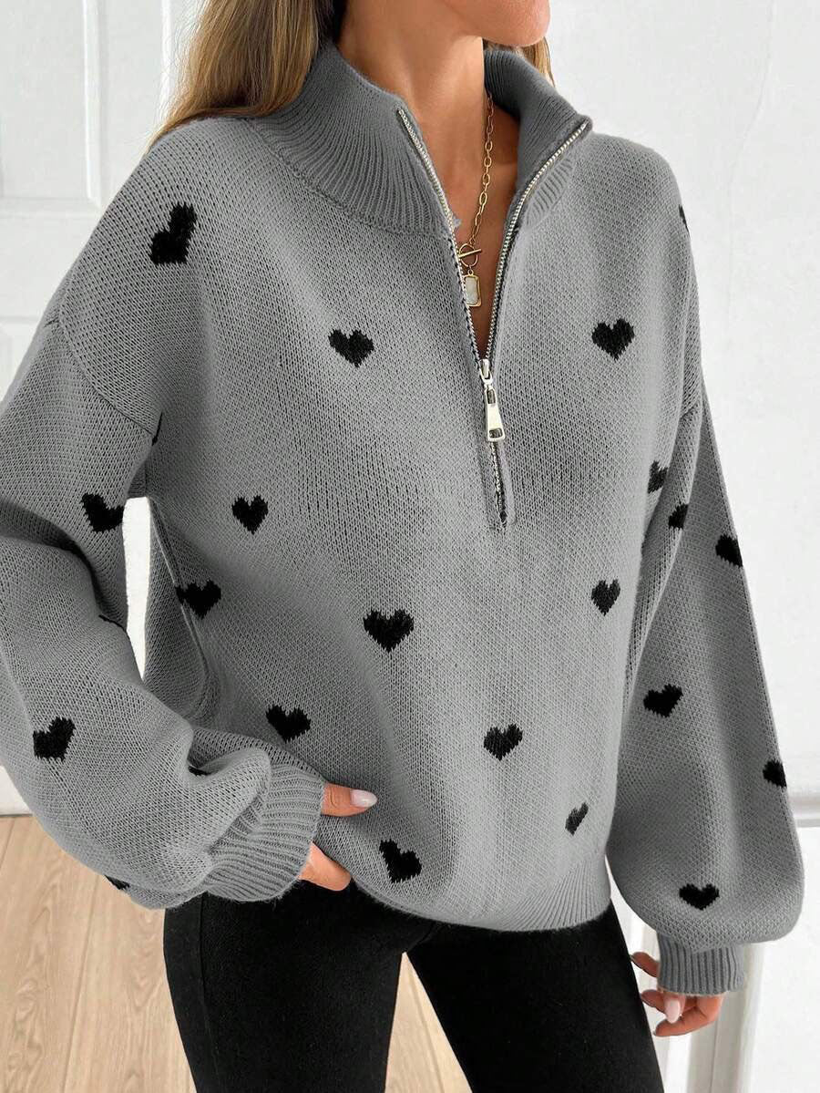 Cozy Half-zip Knit Pullover With Heart Pattern