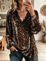 Women's Leopard Print Lace V-Neck Velvet Blouse