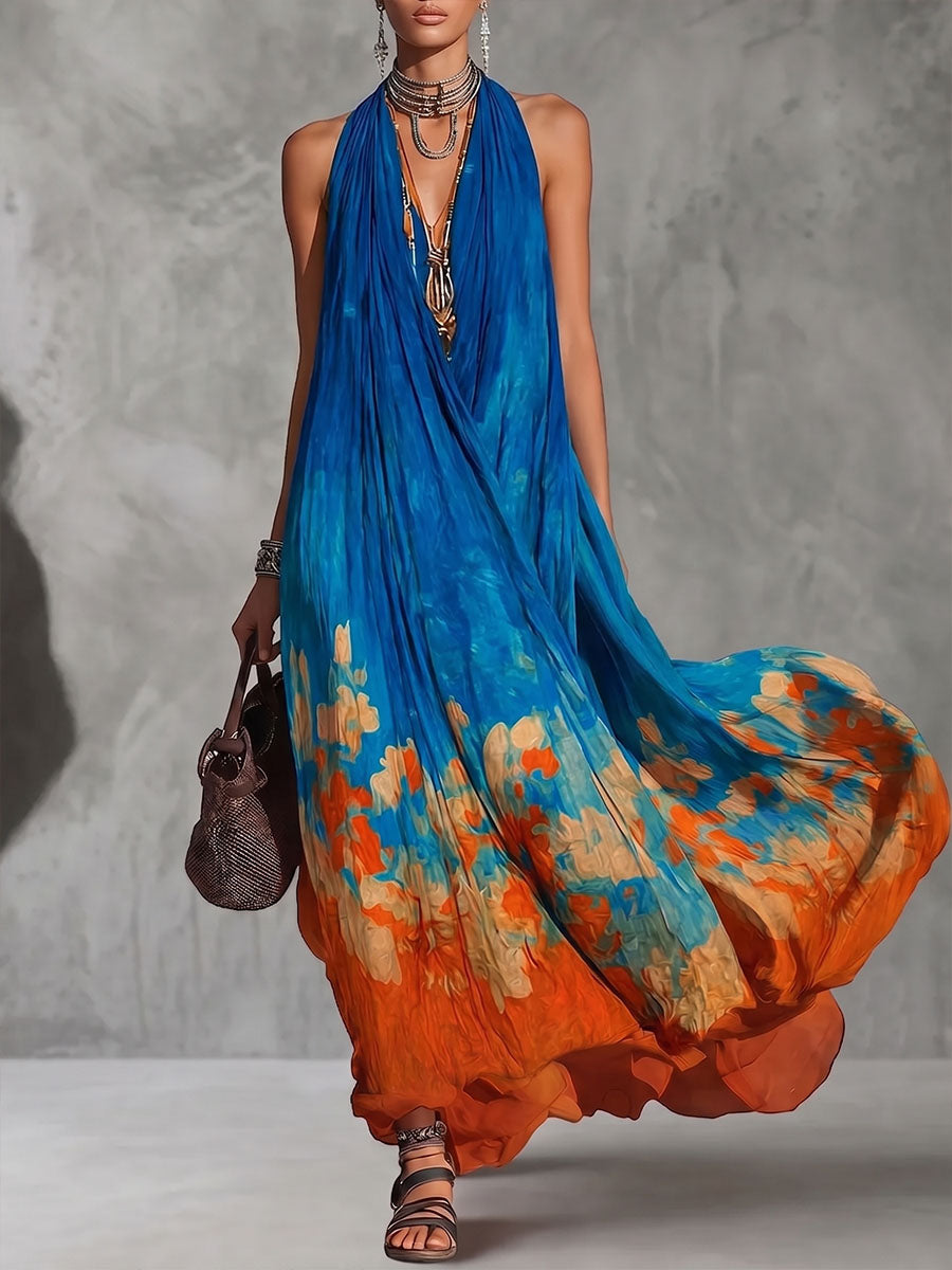 Women's Casual Loose Cotton-linen Dress — V-neck Sleeveless With Placement Print