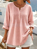 Women's Solid Color Round Neck Long-sleeved Casual Loose Pleated Cotton And Linen Top