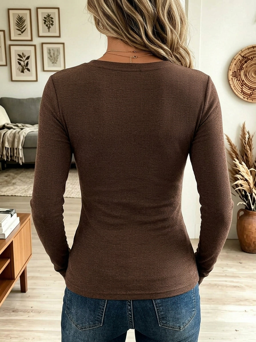 Ribbed Lace Square Neck Long Sleeve Fitted Top