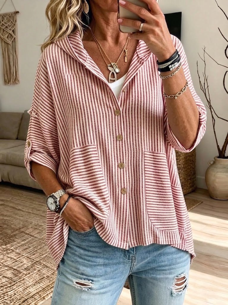 Striped Casual Hooded Shirt: Loose, Slimming Fit With Large Pockets And Three-quarter Sleeves
