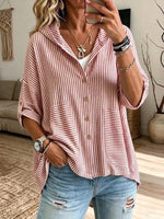Striped Casual Hooded Shirt: Loose, Slimming Fit With Large Pockets And Three-quarter Sleeves
