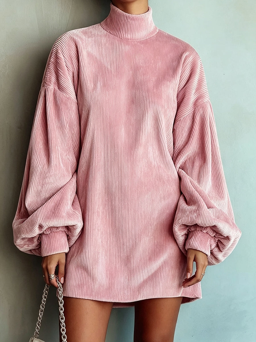 Loose And Cozy Corduroy Lantern-sleeve Mini Dress
