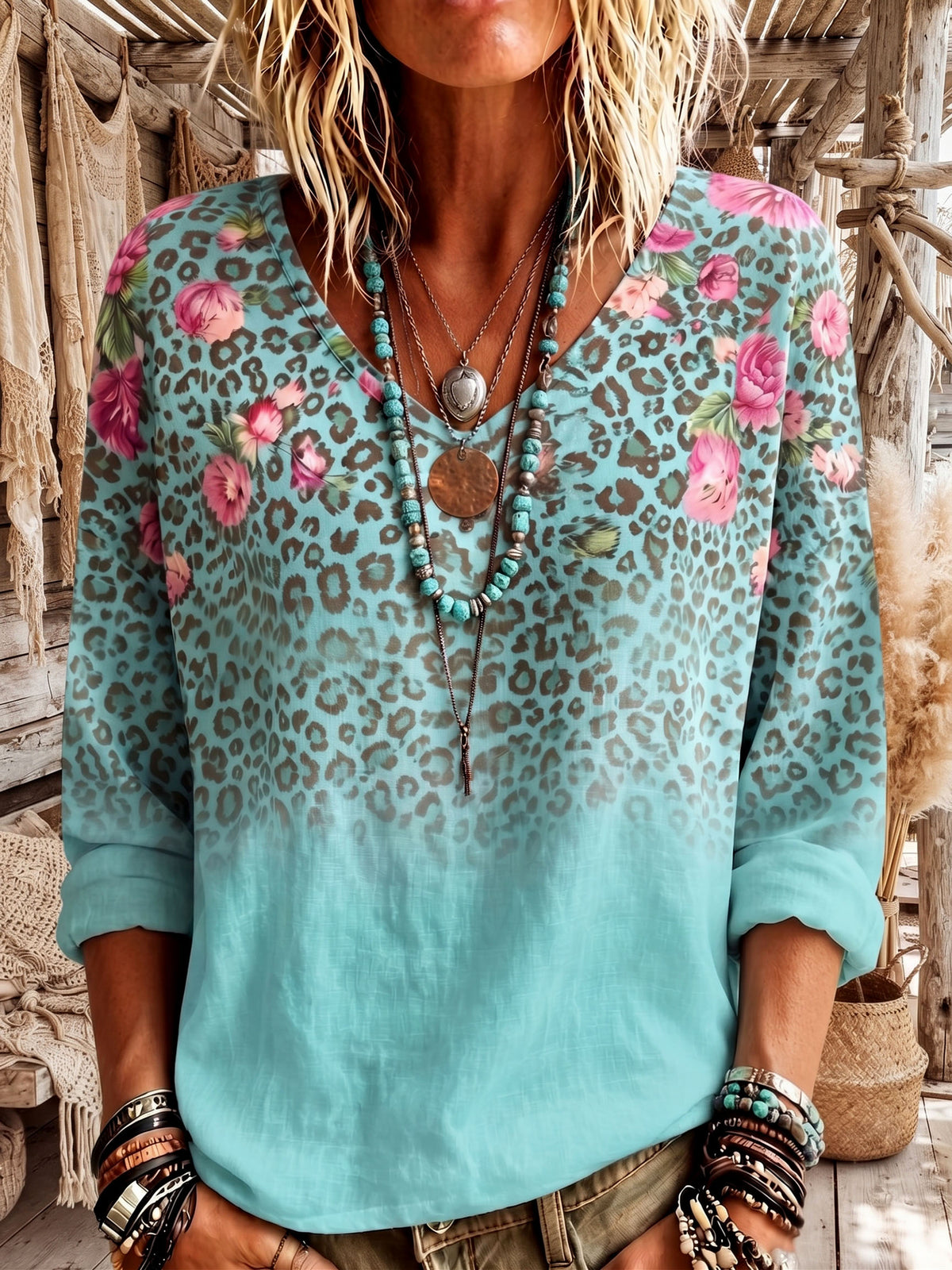 Boho Floral Leopard V-neck Top