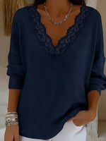 Lace Trim V-Neck Ribbed Knit Long Sleeve Top