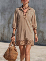 Women's Leopard Print Patchwork Striped Print Pullover Collar 3/4 Sleeve Casual Loose Cotton Linen Dress