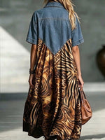 Loose, Mid-length Dress With A Denim Collar And Retro Animal Print Paneling