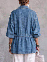 Women's Suit Collar 3/4 Sleeve Casual Loose Drawstring Denim Cardigan