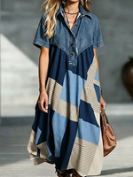 Denim Collar Geometric Patchwork Stripe Loose Short Sleeve Maxi Dress
