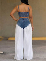 Fashionable Casual Zip-up Denim Camisole Top And Patchwork White Pleated Chiffon Jeans Two-piece Set