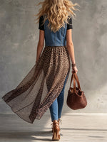 Western Sheer Gradient Leopard Maxi Drape Denim Duster Vest