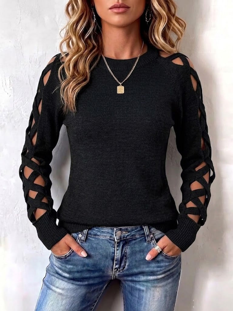 Long-sleeve Knit Pullover With Cut-out Fabric Strip Detailing And A Round Neck