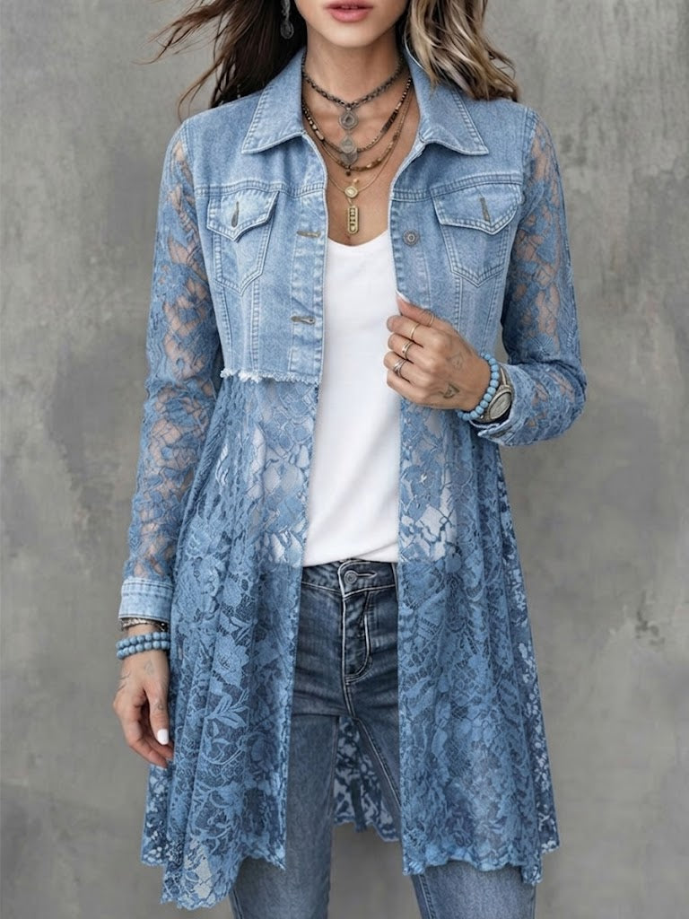 Washed Denim Lapel Dual Chest Pocket Long Sleeve Splice Hollow Lace Mid-length Cardigan Coat