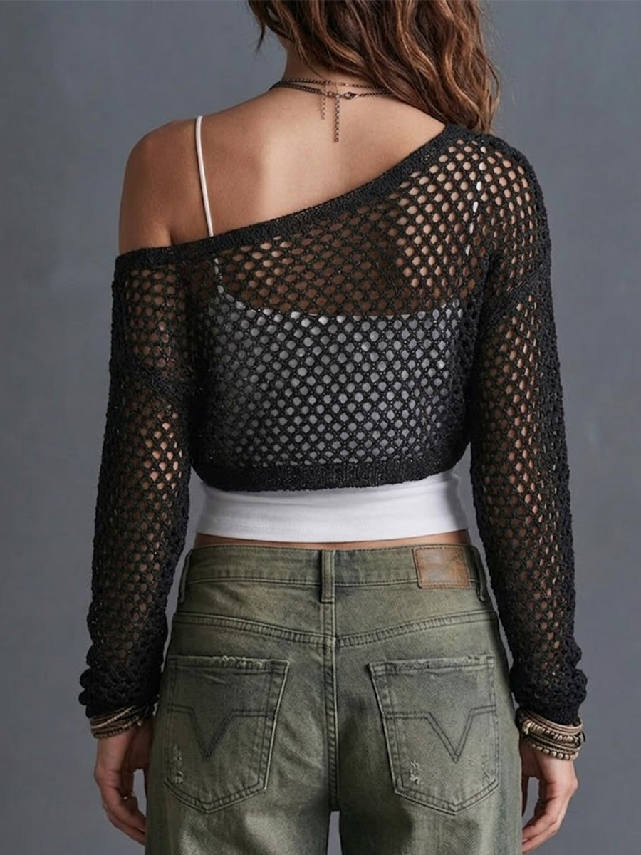 Hollow Mesh Off Shoulder Asymmetric Cropped Long Sleeve Knit Cover Up
